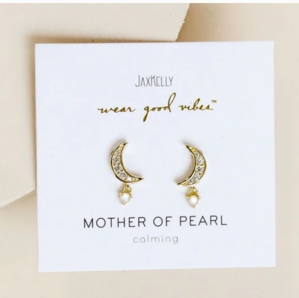 JaxKelly Gold Crescent Moon Earrings with Mother Of Pearl